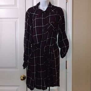 Capsule deep purple black white flannel look button down belted dress  Sz 20